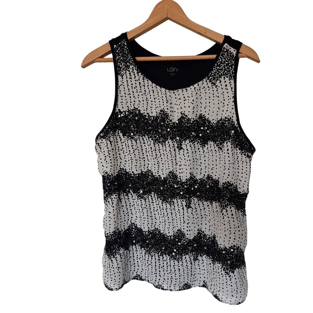 Ann Taylor LOFT Embellished Beaded Tank Top Black White XL